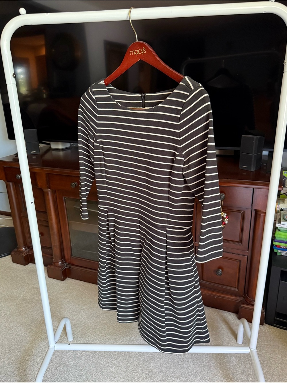 Banana Republic Black and White Striped Long-Sleeve Fit-and-Flare Dress